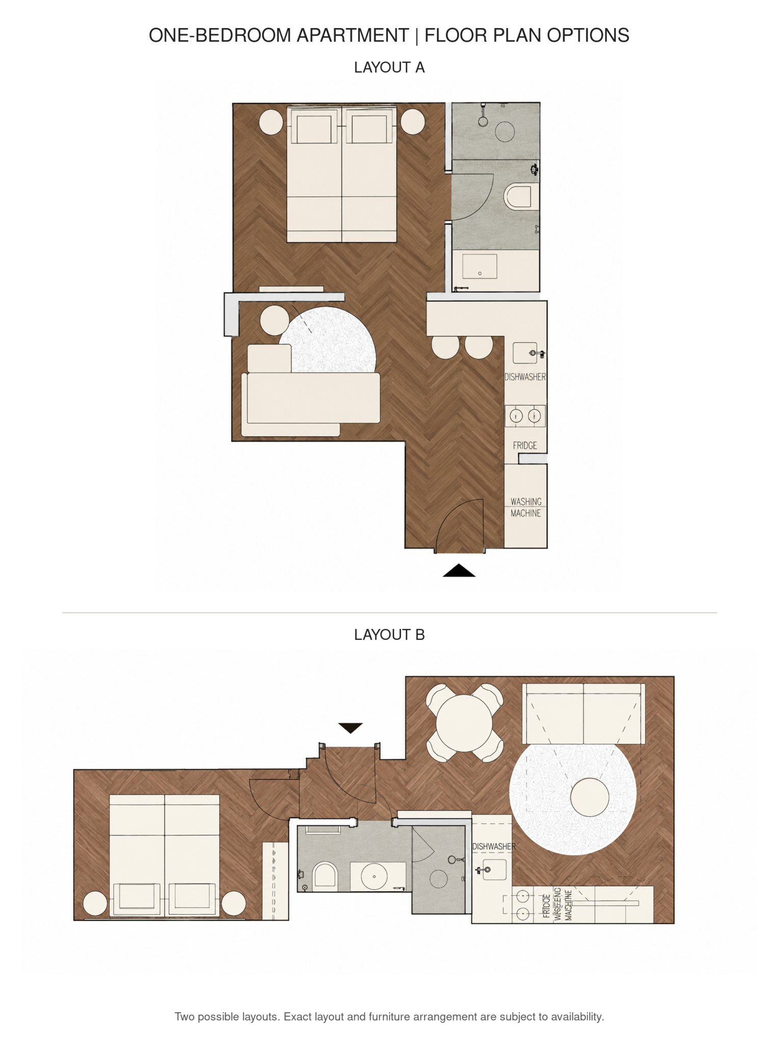 Two floor plan layouts for the One-Bedroom Apartment at Six Residences Prague
