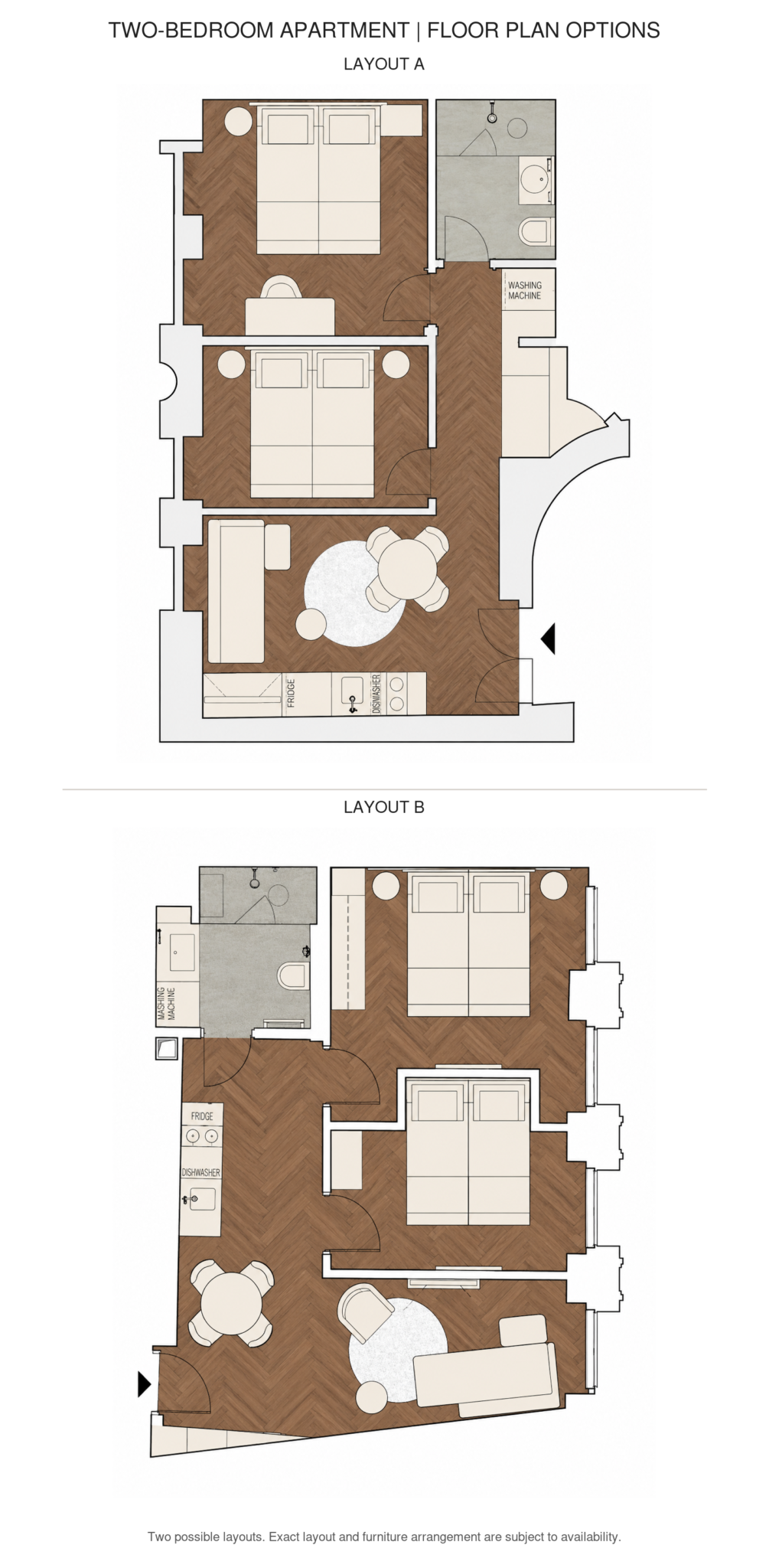 Two floor plan layouts for the Two-Bedroom Apartment at Six Residences Prague
